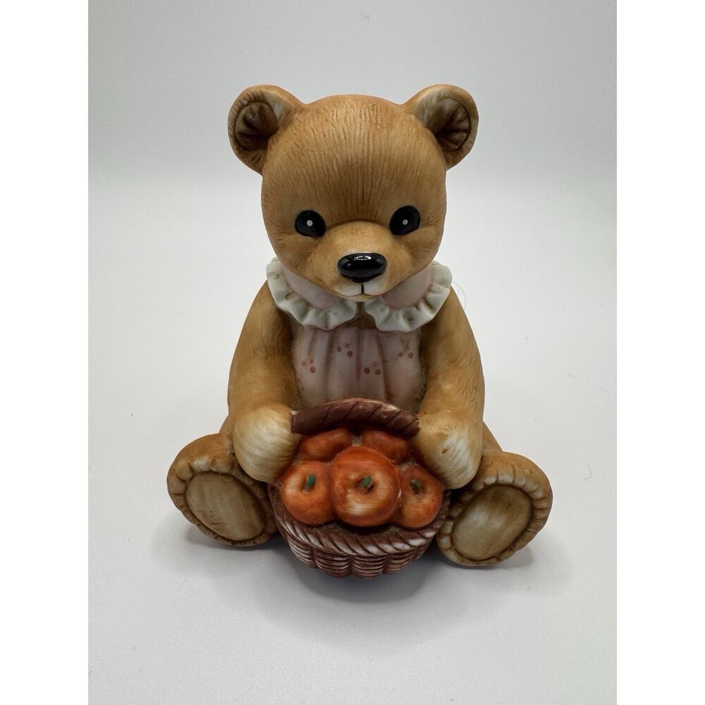 Vintage 1980s Homco Hand Painted‎ Girl Bear With Basket Of Apples Figurine